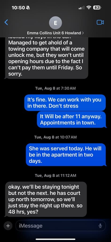 Service-timing exchange: Message screenshot
